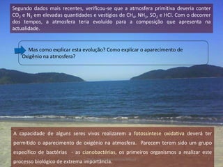Segundo dados mais recentes, verificou-se que a atmosfera primitiva deveria conter
CO2 e N2 em elevadas quantidades e vestígios de CH4, NH3, SO2 e HCl. Com o decorrer
dos tempos, a atmosfera teria evoluído para a composição que apresenta na
actualidade.


      Mas como explicar esta evolução? Como explicar o aparecimento de
    Oxigênio na atmosfera?




A capacidade de alguns seres vivos realizarem a fotossíntese oxidativa deverá ter
permitido o aparecimento de oxigénio na atmosfera. Parecem terem sido um grupo
específico de bactérias - as cianobactérias, os primeiros organismos a realizar este
processo biológico de extrema importância. Urrutia Moura
                               Professora Ionara                                  7
 