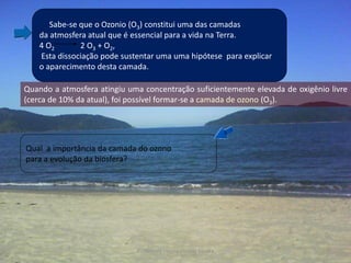 Sabe-se que o Ozonio (O3) constitui uma das camadas
    da atmosfera atual que é essencial para a vida na Terra.
    4 O2       2 O3 + O2,
    Esta dissociação pode sustentar uma uma hipótese para explicar
    o aparecimento desta camada.

Quando a atmosfera atingiu uma concentração suficientemente elevada de oxigênio livre
(cerca de 10% da atual), foi possível formar-se a camada de ozono (O3).




Qual a importância da camada do ozono
para a evolução da biosfera?




                              Professora Ionara Urrutia Moura                  9
 