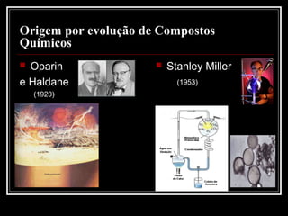 Origem por evolução de Compostos
Químicos
 Oparin                 Stanley Miller
e Haldane                   (1953)
    (1920)
 