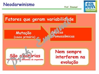 Fatores que geram variabilidade
Mutação
(causa primária)
Gênicas
Cromossômicas
São aleatórias
Não atendem a demandas do organismo
Nem sempre
interferem na
evolução
Neodarwinismo Prof. Emanuel
 