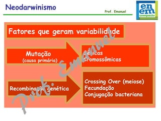 Fatores que geram variabilidade
Crossing Over (meiose)
Fecundação
Conjugação bacteriana
Recombinação genética
Mutação
(causa primária)
Gênicas
Cromossômicas
Neodarwinismo Prof. Emanuel
 