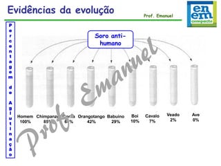 Evidências da evolução Prof. Emanuel
Soro anti-
humano
Homem
100%
Gorila
64%
Chimpanzé
85%
Babuíno
29%
Orangotango
42%
P
e
r
c
e
n
t
a
g
e
m
d
e
A
g
l
u
t
i
n
a
ç
ã
o
Boi
10%
Cavalo
7%
Veado
2%
Ave
0%
 