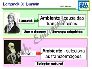 Lamarck X Darwin Prof. Emanuel
Uso e desuso Herança adquirida
Seleção natural
 