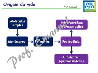 Moléculas
simples
Monômeros Polímeros Protocélula
Heterotrófica
(fermentação)
Autotrófica
(quimiossíntese)
Origem da vida Prof. Emanuel
 