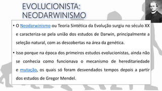 • O Neodarwinismo ou Teoria Sintética da Evolução surgiu no século XX
e caracteriza-se pela união dos estudos de Darwin, principalmente a
seleção natural, com as descobertas na área da genética.
• Isso porque na época dos primeiros estudos evolucionistas, ainda não
se conhecia como funcionava o mecanismo de hereditariedade
e mutação, os quais só foram desvendados tempos depois a partir
dos estudos de Gregor Mendel.
 