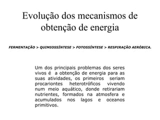 Evolução dos mecanismos de
obtenção de energia
         FERMENTAÇÃO > QUIMIOSSÍNTESE > FOTOSSÍNTESE > RESPIRAÇÃO AERÓBICA.
Um dos principais problemas dos seres
vivos é a obtenção de energia para as
suas atividades, os primeiros seriam
procariontes heterotróficos vivendo
num meio aquático, donde retirariam
nutrientes, formados na atmosfera e
acumulados nos lagos e oceanos
primitivos.
 