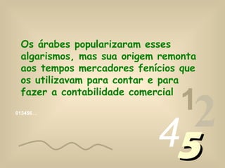 013456…
1
2455
Os árabes popularizaram esses
algarismos, mas sua origem remonta
aos tempos mercadores fenícios que
os utilizavam para contar e para
fazer a contabilidade comercial
 