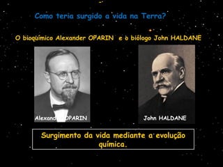 Como teria surgido a vida na Terra?
O bioquímico Alexander OPARIN e o biólogo John HALDANE
Surgimento da vida mediante a evolução
química.
Alexander OPARIN John HALDANE
 