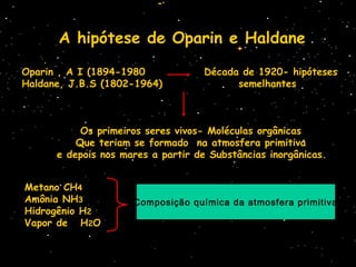 A hipótese de Oparin e Haldane
Oparin , A I (1894-1980
Haldane, J.B.S (1802-1964)
Os primeiros seres vivos- Moléculas orgânicas
Que teriam se formado na atmosfera primitiva
e depois nos mares a partir de Substâncias inorgânicas.
Metano CH4
Amônia NH3
Hidrogênio H2
Vapor de H2O
Década de 1920- hipóteses
semelhantes
Composição química da atmosfera primitiva
 