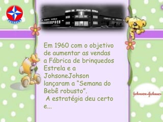 Em 1960 com o objetivo de aumentar as vendas a Fábrica de brinquedos Estrela e a JohsoneJohson lançaram a “Semana do Bebê robusto”. A estratégia deu certo e...