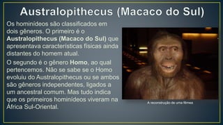 Os hominídeos são classificados em
dois gêneros. O primeiro é o
Australopithecus (Macaco do Sul) que
apresentava características físicas ainda
distantes do homem atual.
O segundo é o gênero Homo, ao qual
pertencemos. Não se sabe se o Homo
evoluiu do Australopithecus ou se ambos
são gêneros independentes, ligados a
um ancestral comum. Mas tudo indica
que os primeiros hominídeos viveram na
África Sul-Oriental.
A reconstrução de uma fêmea
 