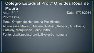 Ano: 1º “1” Data: 17/03/2014
Prof.ª: Lídia.
Tema: Origem do Homem na Pré-História
Alunos (as): Maksud, Mateus, Gabriel, Roberto, Ana Paula,
Graciely, Marquiliene, João Pedro.
Fonte: pt.wikipedia.org/wiki/Evolução_humana
 