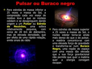 Pulsar ou Buraco negro Para estrelas de massa inferior a 25 vezes a massa do Sol, a compressão cada vez maior de resíduo leva a que os núcleos colidam e se desagreguem dando origem a um  Pulsar  ou  Estrela de Neutrões,  uma esfera relativamente pequena, com cerca de 20 Km de diâmentro, mas de elevada densidade, que por efeito de uma rápida rotação, emite sinais de rádio Para estrelas de massa superior a 25 vezes a massa do Sol, o núcleo estelar torna-se ainda mais denso do que o do pulsar, a matéria concentra-se com uma elevada força de gravidade e transforma-se num  Buraco Negro ,   uma região do espaço com uma massa tão elevada que a sua força gravitacional não permite que quer a matéria quer a energia consigam escapar. 