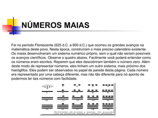 NÚMEROS MAIAS Foi no período Florescente (625 d.C. a 800 d.C.) que ocorreu os grandes avanços na matemática deste povo, Nesta época, construíram o mais preciso calendário existente. Os maias desenvolveram um sistema numérico próprio, sem o qual não seriam possíveis os avanços científicos. Observe o quadro abaixo. Facilmente você poderá entender como os números eram escritos. Reparem que eles descobriram também o número zero. Além deste modo de representar números, eles tinham um outro sistema, mais próximo dos hieróglifos. Eles podem ser observados no papel de parede desta página. Cada número era representado por uma cabeça diferente, mas não tão diferente para nó aponto de podermos ler tais números com facilidade. 