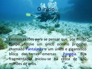O início




• Existem razões para se pensar que, por muito
  tempo, houve um único oceano principal
  chamado Pantalassa e um único e gigantesco
  bloco de terras emersas        Pangéia. Sua
  fragmentação iniciou-se há cerca de 180
  milhões de anos.
 