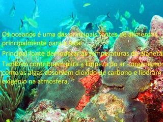 Os oceanos é uma das principais fontes de alimentos,
principalmente para a Asia.
Principal fonte demoderar as temperaturas do planeta.
Também contribuem para a limpeza do ar - organismos
como as algas absorvem dióxido de carbono e liberam
oxigênio na atmosfera.
 