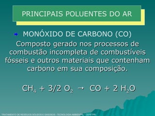 TRATAMENTO DE RESÍDUOS SÓLIDOS E GASOSOS - TECNOLOGIA AMBIENTAL - CEFETPR PRINCIPAIS POLUENTES DO AR MONÓXIDO DE CARBONO (CO) Composto gerado nos processos de combustão incompleta de combustíveis fósseis e outros materiais que contenham carbono em sua composição. CH 4  + 3/2 O 2     CO + 2 H 2 O 