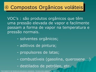 TRATAMENTO DE RESÍDUOS SÓLIDOS E GASOSOS - TECNOLOGIA AMBIENTAL - CEFETPR VOC’s : são produtos orgânicos que têm uma pressão elevada de vapor e facilmente passam a forma de vapor na temperatura e pressão normais. - solventes orgânicos; - aditivos de pintura; - propulsores de latas; - combustíveis (gasolina, querosene...) - destilados de petróleo, etc.    Compostos Orgânicos voláteis 