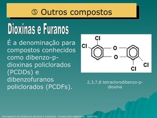 TRATAMENTO DE RESÍDUOS SÓLIDOS E GASOSOS - TECNOLOGIA AMBIENTAL - CEFETPR Dioxinas e Furanos É a denominação para compostos conhecidos como dibenzo-p-dioxinas policlorados (PCDDs) e dibenzofuranos policlorados (PCDFs). 2,3,7,8 tetraclorodibenzo-p-dioxina    Outros compostos 