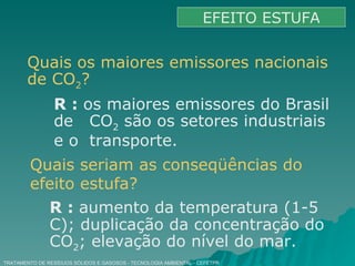TRATAMENTO DE RESÍDUOS SÓLIDOS E GASOSOS - TECNOLOGIA AMBIENTAL - CEFETPR EFEITO ESTUFA Quais os maiores emissores nacionais de CO 2 ? R :  os maiores emissores do Brasil  de  CO 2  são os setores industriais  e o  transporte. Quais seriam as conseqüências do efeito estufa? R :  aumento da temperatura (1-5 C); duplicação da concentração do CO 2 ; elevação do nível do mar. 