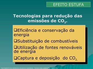 TRATAMENTO DE RESÍDUOS SÓLIDOS E GASOSOS - TECNOLOGIA AMBIENTAL - CEFETPR EFEITO ESTUFA Tecnologias para redução das emissões de CO 2 . Eficiência e conservação da  energia Substituição de combustíveis Utilização de fontes renováveis de energia Captura e deposição  do CO 2. 