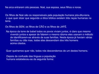 Na arca entraram oito pessoas. Noé, sua esposa, seus filhos e noras.
Os filhos de Noé são os responsáveis pela população h...