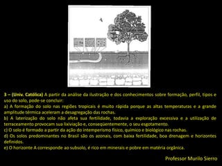 Hidromórficos: são desenvolvidos em condições de excesso d’água, ou seja, sob influência de lençol freático. Estes solos apresentam a cor cinza em virtude da presença de ferro reduzido, ou ausência de ferro.Professor Murilo Sierro
