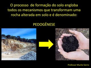 O processo  de formação do solo engloba todos os mecanismos que transformam uma rocha alterada em solo e é denominado: PEDOGÊNESEProfessor Murilo Sierro