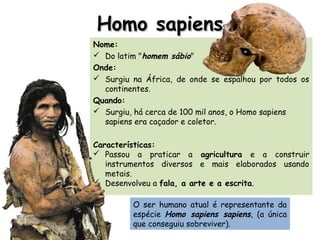 Nome:
 Do latim "homem sábio"
Onde:
 Surgiu na África, de onde se espalhou por todos os
continentes.
Quando:
 Surgiu, há cerca de 100 mil anos, o Homo sapiens
sapiens era caçador e coletor.
Características:
 Passou a praticar a agricultura e a construir
instrumentos diversos e mais elaborados usando
metais.
 Desenvolveu a fala, a arte e a escrita.
Homo sapiensHomo sapiens
O ser humano atual é representante da
espécie Homo sapiens sapiens, (a única
que conseguiu sobreviver).
 