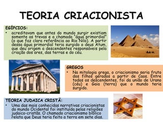 TEORIA CRIACIONISTA
EGÍPCIOS:
• acreditavam que antes do mundo surgir existiam
somente as trevas e a chamada “água primordial”
(o que faz clara referência ao Rio Nilo). A partir
dessa água primordial teria surgido o deus Atum,
que deu origem a descendentes responsáveis pela
criação dos ares, das terras e do céu.
GREGOS
• Na mitologia grega, o criacionismo seria fruto
dos filhos gerados a partir de Caos. Entre
todos os descendentes, foi da união de Urano
(céu) e Gaia (terra) que o mundo teria
surgido. 
.
TEORIA JUDAICA CRISTÃ:
• Uma das mais conhecidas narrativas criacionistas
do mundo Ocidental foi instituída pelas religiões
judaico-cristãs. O chamado criacionismo bíblico
relata que Deus teria feito a terra em sete dias.
 