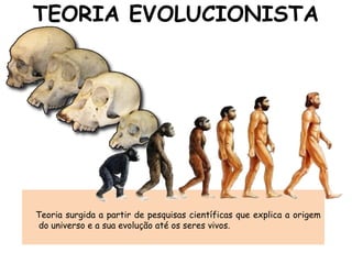TEORIA EVOLUCIONISTA
Teoria surgida a partir de pesquisas científicas que explica a origem
do universo e a sua evolução até os seres vivos.
 