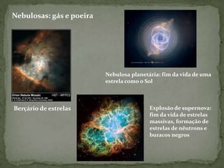 Nebulosas: gás e poeira




                          Nebulosa planetária: fim da vida de uma
                          estrela como o Sol



Berçário de estrelas                      Explosão de supernova:
                                          fim da vida de estrelas
                                          massivas, formação de
                                          estrelas de nêutrons e
                                          buracos negros
 