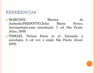 REFERENCIAS
 MARCONI, Marina de
Andrade;PRESOTTO,Zelia Maria Neves.
Antropologia:uma introdução. 7. ed. São Paulo:
Atlas, 2009.
 TOMAZI, Nelson Dacio et al. Iniciação à
sociologia. 2. ed. rev. e ampl. São Paulo: Atual,
2000.
 