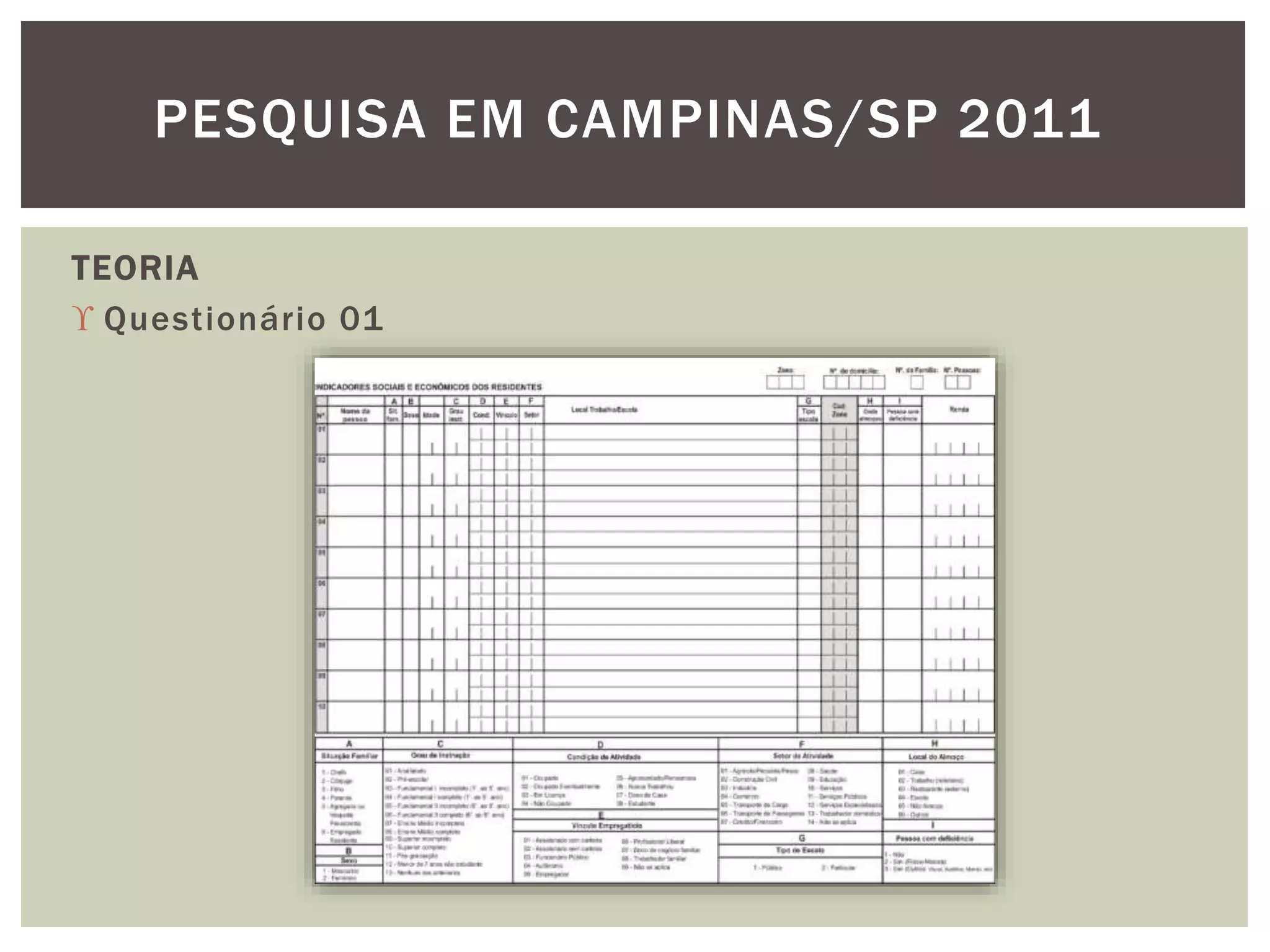 PESQUISA EM CAMPINAS/SP 2011 
TEORIA 
 Questionário 01 
 
