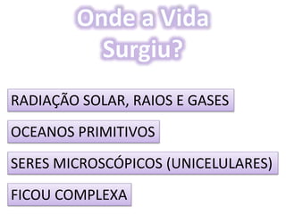 OCEANOS PRIMITIVOS
RADIAÇÃO SOLAR, RAIOS E GASES
FICOU COMPLEXA
SERES MICROSCÓPICOS (UNICELULARES)
 