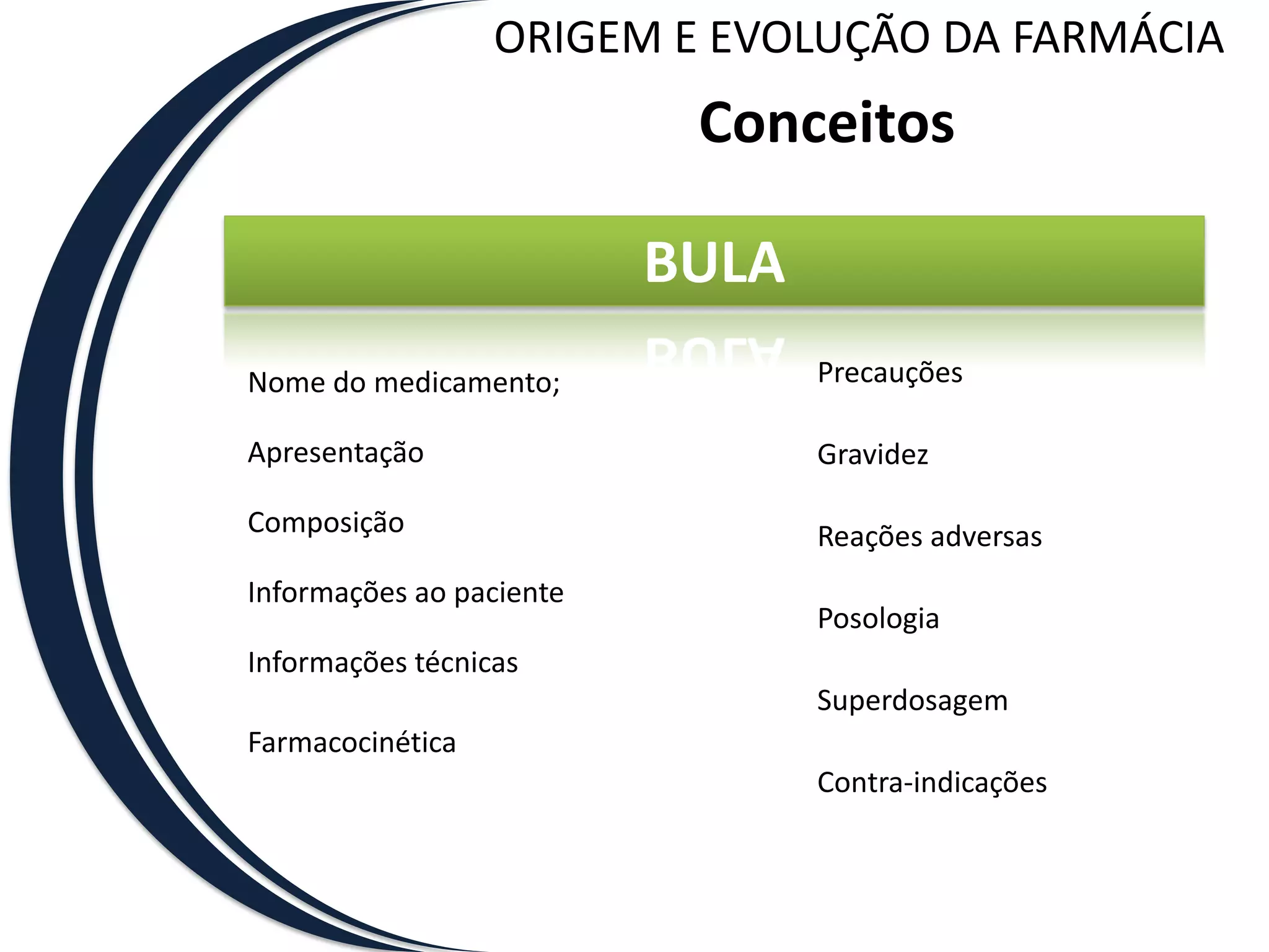 ORIGEM E EVOLUÇÃO DA FARMÁCIA
                           Conceitos

                          BULA
Nome do medicamento;             Precauções

Apresentação                     Gravidez

Composição                       Reações adversas
Informações ao paciente
                                 Posologia
Informações técnicas
                                 Superdosagem
Farmacocinética
                                 Contra-indicações
 
