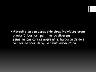 Acredita-se que esses primeiros indivíduos eram
procarióticos, compartilhando diversas
semelhanças com as arqueas; e, há cerca de dois
bilhões de anos, surgiu a célula eucariótica.
 