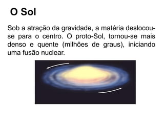O Sol
Sob a atração da gravidade, a matéria deslocouse para o centro. O proto-Sol, tornou-se mais
denso e quente (milhões ...