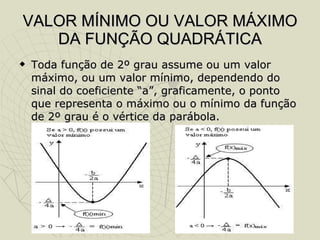VALOR MÍNIMO OU VALOR MÁXIMO DA FUNÇÃO QUADRÁTICA Toda função de 2º grau assume ou um valor máximo, ou um valor mínimo, dependendo do sinal do coeficiente “a”, graficamente, o ponto que representa o máximo ou o mínimo da função de 2º grau é o vértice da parábola.  