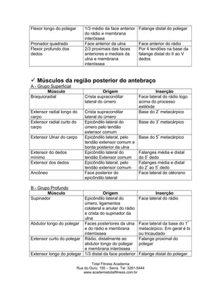 Flexor longo do polegar 1/3 médio da face anterior
do rádio e membrana
interóssea
Falange distal do polegar
Pronador quadrado Face anterior da ulna Face anterior do rádio
Flexor profundo dos
dedos
2/3 proximais das faces
anteriores e mediais da
ulna e membrana
interóssea
Por 4 tendões na base da
falange distal do II ao V
dedos
 Músculos da região posterior do antebraço
A - Grupo Superficial
Músculo Origem Inserção
Braquioradial Crista supracondilar
lateral do úmero
Face lateral do rádio logo
acima do processo
estilóide
Extensor radial longo do
carpo
Crista supracondilar
lateral do úmero
Base do 2º
metacárpico
Extensor radial curto do
carpo
Epicôndilo lateral do
úmero pelo tendão
extensor comum
Base do 3º
metacárpico
Extensor Ulnar do carpo Epicôndilo lateral, pelo
tendão extensor comum e
borda posterior da ulna
Base do 5º
metacárpico
Extensor do dedos
mínimo
Epicôndilo lateral do
tendão Extensor comum
Falanges média e distal
do 5º
dedo
Extensor dos dedos Epicôndilo lateral, pelo
tendão extensor comum
Falanges média e distal
do 2º
ao 5º
dedo
Ancôneo Face posterior do
epicôndilo lateral
Face lateral do olécrano
B - Grupo Profundo
Músculo Origem Inserção
Supinador Epicôndilo lateral do
úmero, ligamentos
colateral e anular do rádio
e crista do supinador da
ulna
Face lateral do rádio
Abdutor longo do polegar Faces posteriores da ulna
e do rádio e membrana
interróssea
Face lateral da base do 1º
metacárpico. Em geral é bi
ou tricaudado
Extensor curto do polegar Rádio, distalmente ao
abdutor longo do polegar
e membrana interóssea
Falange proximal do
polegar
Extensor longo do polegar 1/3 distal da face posterior Falange distal do polegar
Total Fitness Academia
Rua do Ouro, 195 – Serra. Tel: 3281-5444
www.academiatotalfitness.com.br
 