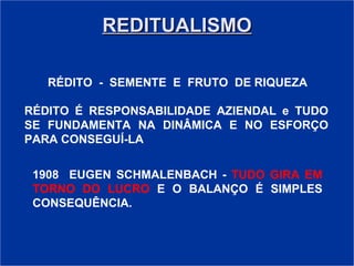 REDITUALISMO   RÉDITO  -  SEMENTE  E  FRUTO  DE RIQUEZA   RÉDITO É RESPONSABILIDADE AZIENDAL e TUDO SE FUNDAMENTA NA DINÂMICA E NO ESFORÇO PARA CONSEGUÍ-LA 1908  EUGEN SCHMALENBACH -   TUDO GIRA EM TORNO DO LUCRO   E O BALANÇO É SIMPLES   CONSEQUÊNCIA. 