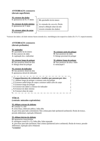 ANTEBRAÇO: extensores
(dorsais superficiais)
M. extensor dos dedos
I: aponeurose do II a V dedos
M. extensor do dedo mínimo
I: aponeurose do V dedo
M. extensor ulnar do carpo
I: metacarpal V
ANTEBRAÇO: extensores
(dorsais profundos)
M. supinador
O: epicôndilo lat do úmero
I: face anterior do rádio
A: supinação da a. radioulnar
M. extensor longo do polegar
O: face posterior distal da ulna
I: falange distal do polegar
M. extensor curto do polegar
O: face posterior do rádio
I: falange proximal do polegar
M. abdutor longo do polegar
O: face posterior da ulna e rádio
I: metacarpal I
M. extensor do indicador
O: face posterior distal da ulna
I: aponeurose dorsal do indicador
TÓRAX
(ventrais: músculos expiratórios)
M. oblíquo externo do abdome
O: costelas V a XII
I: crista ilíaca, tubérculo púbico, linha alba
A: gira tórax para lado contralateral, flete coluna para lado ipsilateral (unilateral); flexão do tronco,
pressão abdominal, expiração (bilateral)
M. oblíquo interno do abdome
O: aponeurose toracolombar
I: cartilagem costal (9 a 12), linha alba, linha arqueada
A: gira tórax para lado ipsilateral, flete coluna (ipsilateral) (ativo unilateral); flexão do tronco, pressão
abdominal, expiração (ativo bilateral)
*cremáster
O: epicôndilo lat do úmero
A: extensão do cotovelo; flexão
dorsal e abdução ulnar da mão
(exceto extendor dos dedos)
*extensor dos dedos e do dedo mínimo fazem extensão da a. interfalângica dos respectivos dedos (II a V e V, respectivamente).
Compartimentos do retináculo e tendões que passam por eles:
1. Abdutor longo do polegar e extensor curto do polegar
2. Extensor radial longo do carpo e extensor radial curto do carpo
3. Extensor longo do polegar
4. Extensor dos dedos e extensor do indicador
5. Extensor do dedo mínimo
6. Extensor ulnar do carpo
 