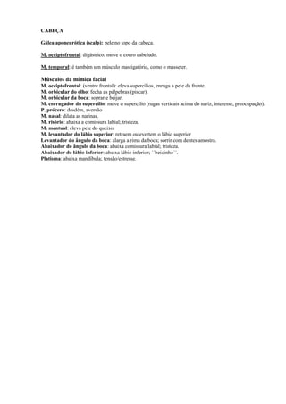 CABEÇA
Gálea aponeurótica (scalp): pele no topo da cabeça.
M. occiptofrontal: digástrico, move o couro cabeludo.
M. temporal: é também um músculo mastigatório, como o masseter.
Músculos da mímica facial
M. occiptofrontal: (ventre frontal): eleva supercílios, enruga a pele da fronte.
M. orbicular do olho: fecha as pálpebras (piscar).
M. orbicular da boca: soprar e beijar.
M. corrugador do supercílio: move o supercílio (rugas verticais acima do nariz, interesse, preocupação).
P. prócero: desdém, aversão
M. nasal: dilata as narinas.
M. risório: abaixa a comissura labial; tristeza.
M. mentual: eleva pele do queixo.
M. levantador do lábio superior: retraem ou evertem o lábio superior
Levantador do ângulo da boca: alarga a rima da boca; sorrir com dentes amostra.
Abaixador do ângulo da boca: abaixa comissura labial; tristeza.
Abaixador do lábio inferior: abaixa lábio inferior; ´´beicinho´´.
Platisma: abaixa mandíbula; tensão/estresse.
 