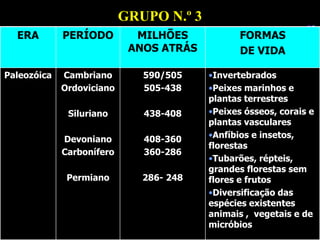 ERA PERÍODO MILHÕES
ANOS ATRÁS
FORMAS
DE VIDA
Paleozóica Cambriano
Ordoviciano
Siluriano
Devoniano
Carbonífero
Permiano
590/505
505-438
438-408
408-360
360-286
286- 248
•Invertebrados
•Peixes marinhos e
plantas terrestres
•Peixes ósseos, corais e
plantas vasculares
•Anfíbios e insetos,
florestas
•Tubarões, répteis,
grandes florestas sem
flores e frutos
•Diversificação das
espécies existentes
animais , vegetais e de
micróbios
GRUPO N.º 3
 