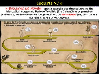 A EVOLUÇÃO DO HOMEM: após a extinção dos dinossauros, na Era
Mesozóica, surgem no Período Terciário (Era Cenozóica) os primeiros
primatas e, ao final desse Período(Plioceno) , os hominídeos que, por sua vez,
evoluiriam para o Homo sapiens.
A EVOLUÇÃO DO HOMEM: após a extinção dos dinossauros, na Era
Mesozóica, surgem no Período Terciário (Era Cenozóica) os primeiros
primatas e, ao final desse Período(Plioceno) , os hominídeos que, por sua vez,
evoluiriam para o Homo sapiens.
GRUPO N.º 6
 