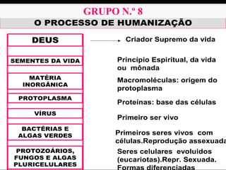 O PROCESSO DE HUMANIZAÇÃO
DEUS
DEUS
SEMENTES DA VIDA
MATÉRIA
INORGÂNICA
PROTOPLASMA
VÍRUS
BACTÉRIAS E
ALGAS VERDES
PROTOZOÁRIOS,
FUNGOS E ALGAS
PLURICELULARES
Criador Supremo da vida
Princípio Espiritual, da vida
ou mônada
Macromoléculas: origem do
protoplasma
Proteínas: base das células
Primeiro ser vivo
Primeiros seres vivos com
células.Reprodução assexuada
Seres celulares evoluidos
(eucariotas).Repr. Sexuada.
Formas diferenciadas
GRUPO N.º 8
 