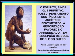 O ESPÍRITO, AINDA
QUE PRIMITIVO,
POSSUI PENSAMENTO
CONTÍNUO, LIVRE
ARBÍTRIO E
SENTIMENTOS. A
MEMORIZAÇÃO
FAVORECE O
APRENDIZADO. TEM
PERCEPÇÃO DE DEUS,
DE SI E DO OUTRO.
André Luiz: Evolução em dois
mundos.
Jorge Andréa: Os impulsos criativos
da evolução
 