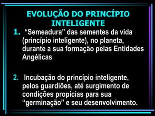 EVOLUÇÃO DO PRINCÍPIO
INTELIGENTE
1. “Semeadura” das sementes da vida
(princípio inteligente), no planeta,
durante a sua formação pelas Entidades
Angélicas
2. Incubação do princípio inteligente,
pelos guardiões, até surgimento de
condições propícias para sua
“germinação” e seu desenvolvimento.
 