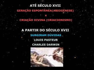 ATÉ SÉCULO XVII
GERAÇÃO ESPONTÂNEA(ABIOGÉNESE)
x
CRIAÇÃO DIVINA (CRIACIONISMO)
A PARTIR DO SÉCULO XVII
SURGIRAM DÚVIDAS
LOUIS PASTEUR
CHARLES DARWIN
 