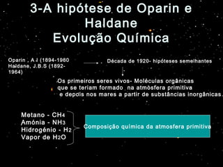 3-A hipótese de Oparin e3-A hipótese de Oparin e
HaldaneHaldane
Evolução QuímicaEvolução Química
Oparin , A I (1894-1980
Haldane, J.B.S (1892-
1964)
Os primeiros seres vivos- Moléculas orgânicas
que se teriam formado na atmosfera primitiva
e depois nos mares a partir de substâncias inorgânicas.
Metano - CH4
Amónia - NH3
Hidrogénio - H2
Vapor de H2O
Década de 1920- hipóteses semelhantes
Composição química da atmosfera primitiva
 
